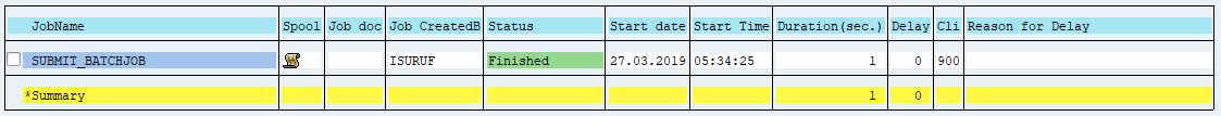Background job created from the SUBMIT calling program displayed in transaction sm37.