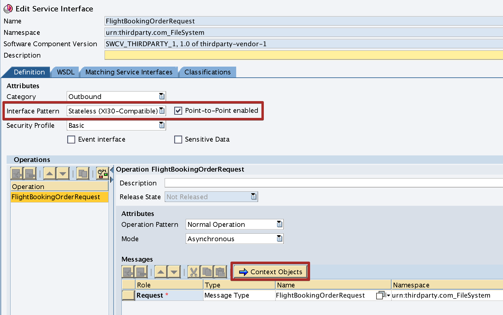 Assign Context Object to Outbound Service Interface. Only compatible with Interface Pattern 'XI30 - Compatible'