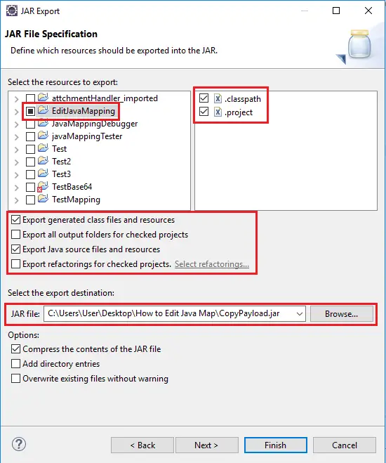 Select the Java Project content for export as .jar