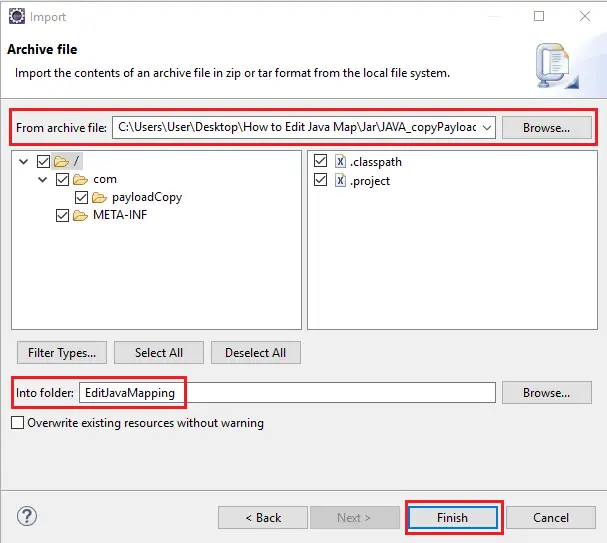 Select content of Archive file to be imported in NWDS