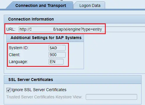 Connection and Transport detail. URL, System ID, Client and Language parameters in the HTTPm destination creation wizard in SAP PI NWA.
