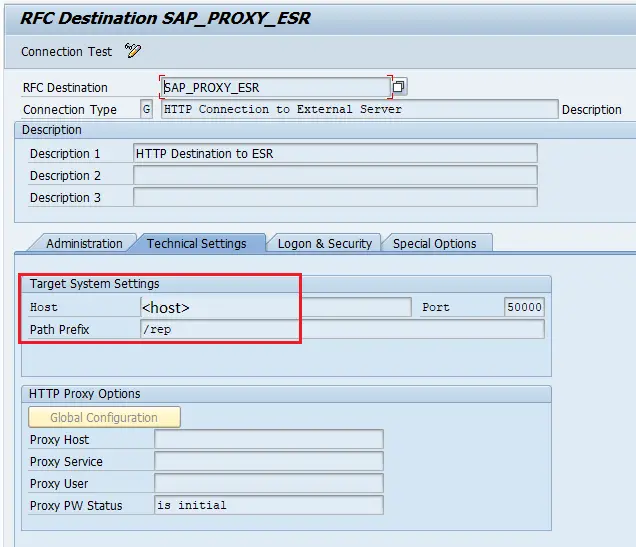 http destination in SAP back-end system to ESR. Host and path prefix configured. HTTP destination name SAP_PROXY_ESR.