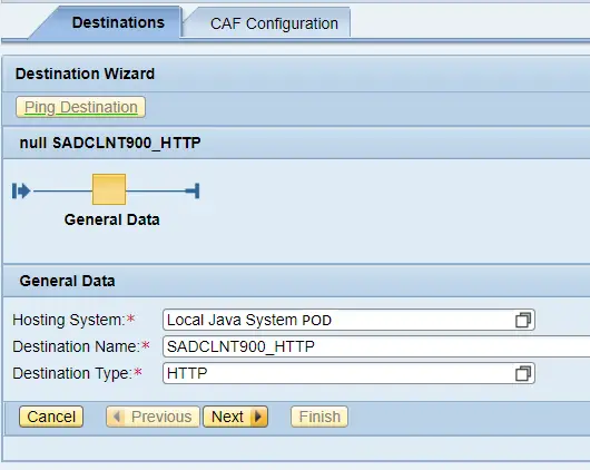 Destination creation wizard. Configure host, destination name and protocol detail.