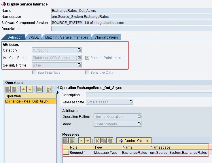 Outbound Asynchronous Service Interface for exchange rates sender with interface pattern Stateless XI30 Compatible and only one operation