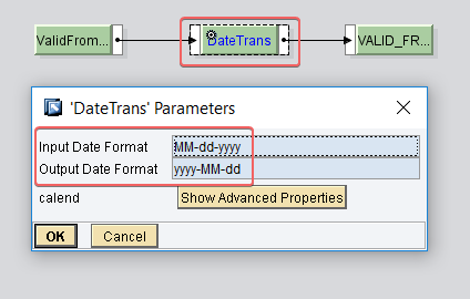 Date transformation using graphical mapping function DateTrans. Input date format MM-dd-yyyy output date format yyyy-MM-dd