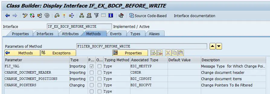 Parameters of method FILTER_BDCPV_BEFORE_WRITE of Change Pointer filter BADI in transaction se18.