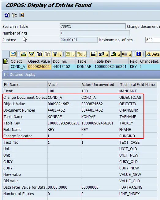 Sample CDPOS table entry with fields Change Document, object value, table name, table key, field name, change indicator.
