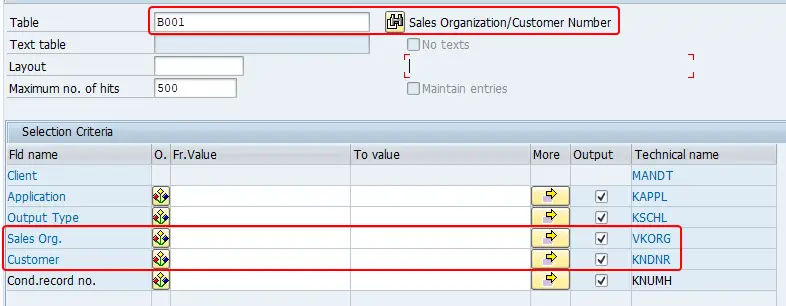 B001 storage table of conditions of Access Sequence 0003 shown in transaction se16n
