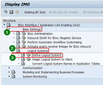 Logical system creation transaction sales and the SPRO node "Define Logical System" node under "Basic Settings">"Logical Systems"