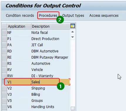 Select procedures of application area Sales (V1) from transaction NACE