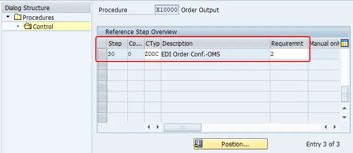 New step added to output procedure X10000 with step number as 30, output type ZOOC and requirement as 2.