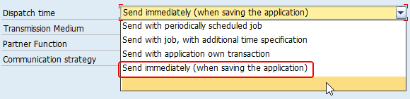 Different Dispatch Time options of Output Type, send with scheduled job and send immediately (when saving the application)