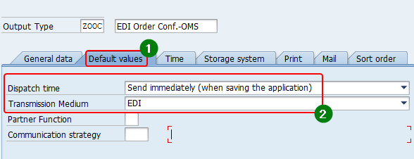 Default values of Output Type with parameters Dispatch time, Transmission media set as EDI and Partner Function and Communication Strategy