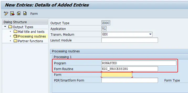 For EDI transmission medium program is RSNASTED and ABAP form is EDI_PROCESSING.