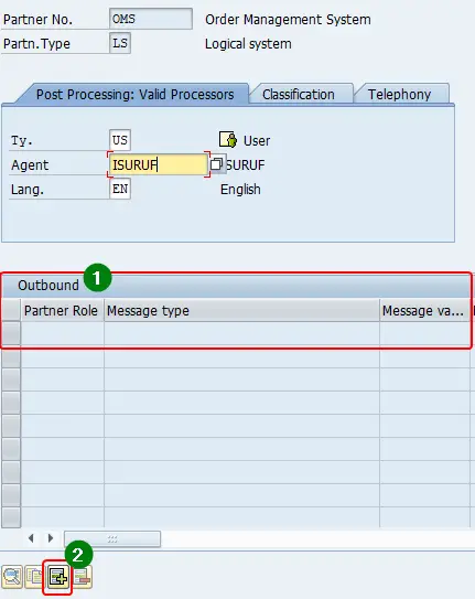 Adding a new outbound profile to partner profile in we20. Click add button