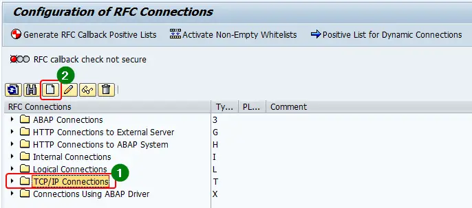 create a new RFC destination in transaction sm59 by selecting the RFC connection type and clicking create.