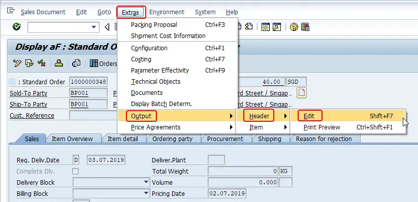 Go to sales order header outputs from va03/va02 extras menu in SAP
