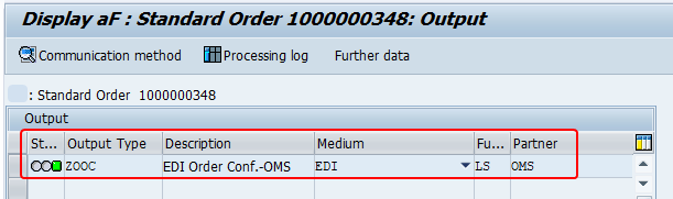 Sales order output successfully processed and output iDoc processed.