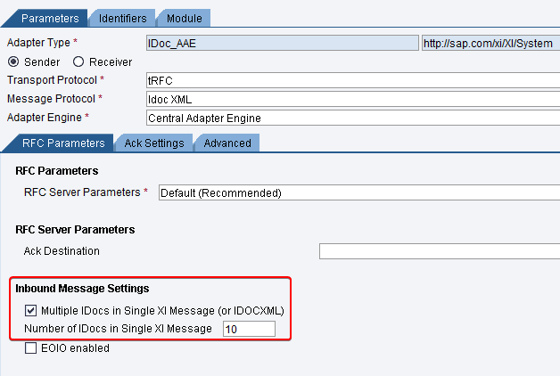 Sender iDoc_AAE adapter configuration for iDoc Collection. Inbound message settings "Multiple iDocs in Single XI message" configured. transport protocol tRFC, message protocol iDoc XML and adapter type iDoc_aae