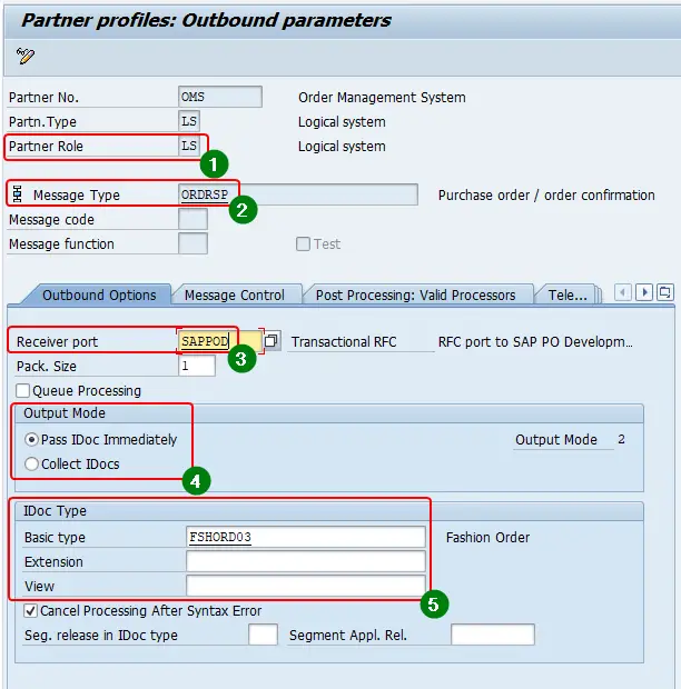 Configure the outbound profile with Receiver Port, Output mode, basic type and message type