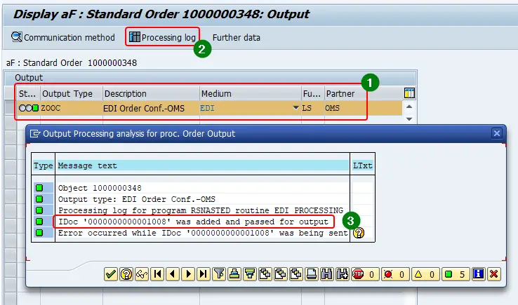Sample processing log of EDi output triggered to OMS system from sales order. Processing log contain idoc number, and EDI program detail