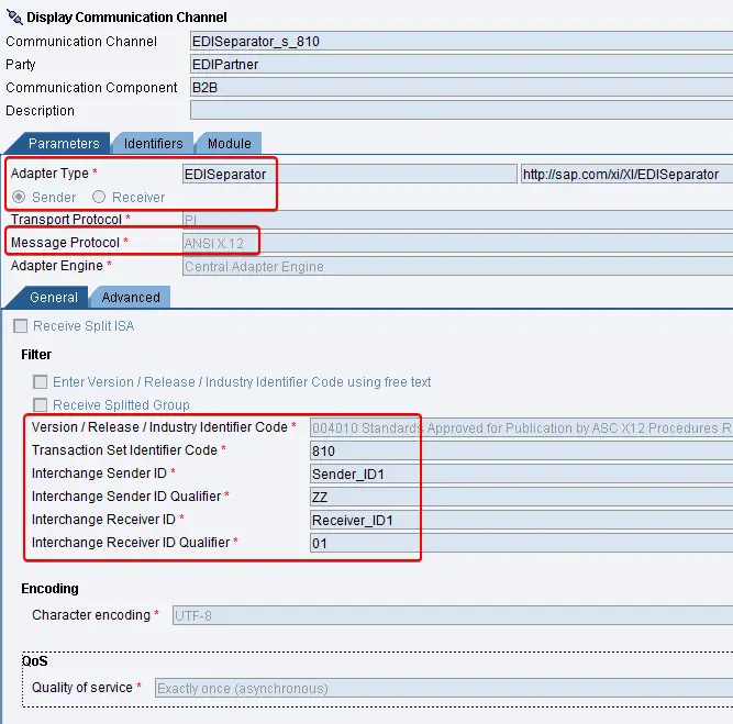 EDI separator sender communication channel configuration