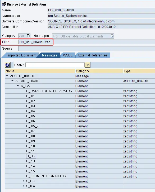 EDI XSD imported to ESR as an External Definition. External Definition name EDI_810_004010